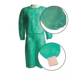 POLYETHYLENE HOSPITAL GOWN WITH TAP CLOSURE/RUBBER CUFF (10 units bag / 100 units box)
