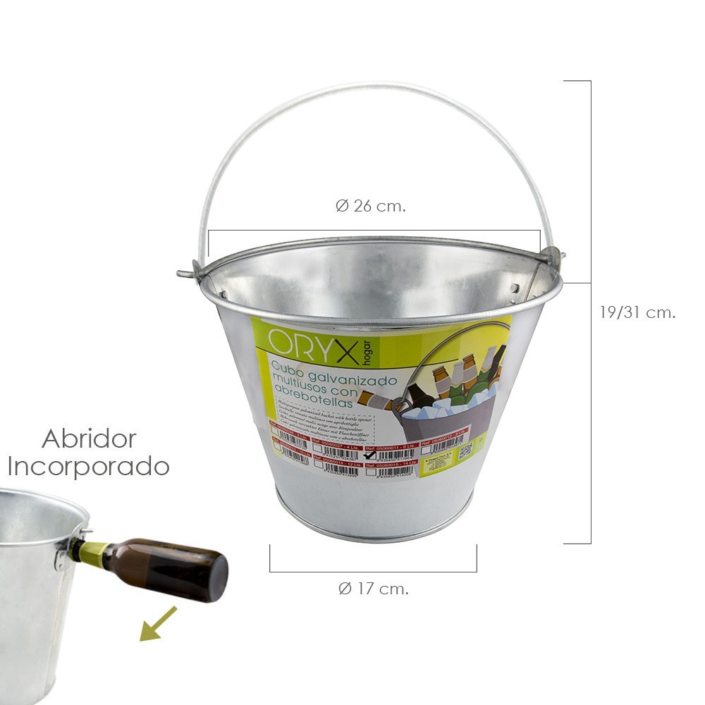 GALVANIZED ZINC METAL BUCKET 12 L WITH BOTTLE OPENER